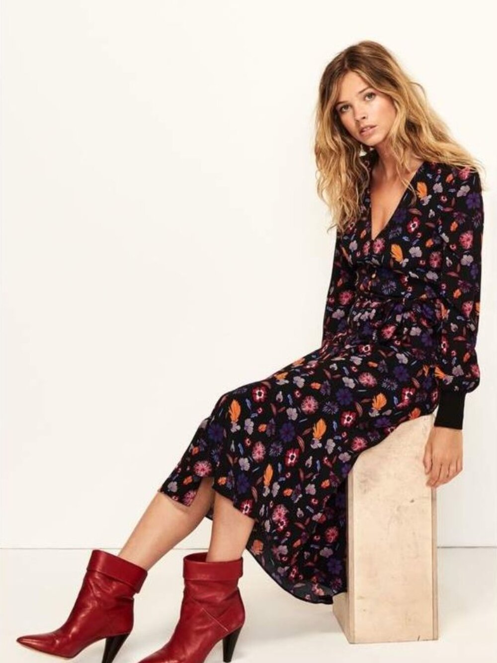 Ba&Sh Malny Black Floral Crepe Button Front Belted Hi-Lo Midi Dress, Size 3/L/10